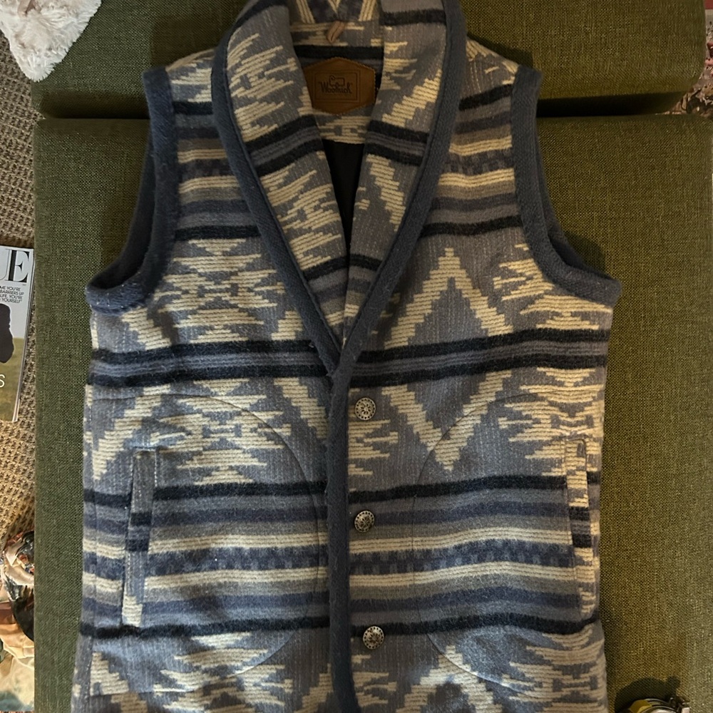 Vintage Western Woolrich Wool Blue and Cream Geometric Vest